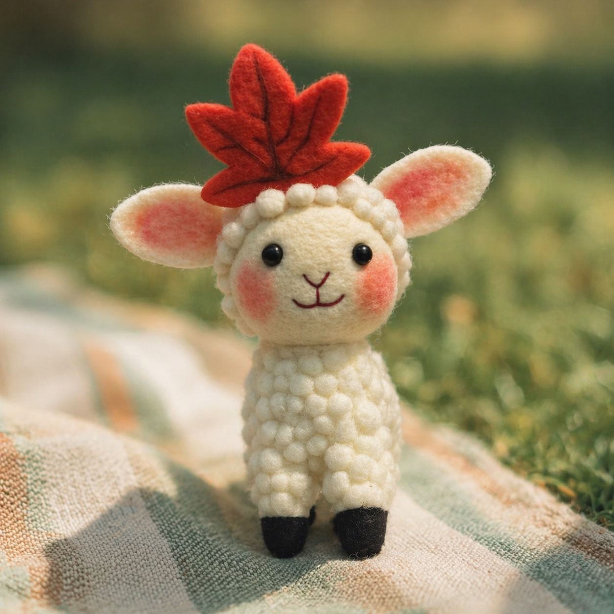 Handmade Wool Felt Lamb Figurine with Maple Leaf – Cute Little Sheep Decor