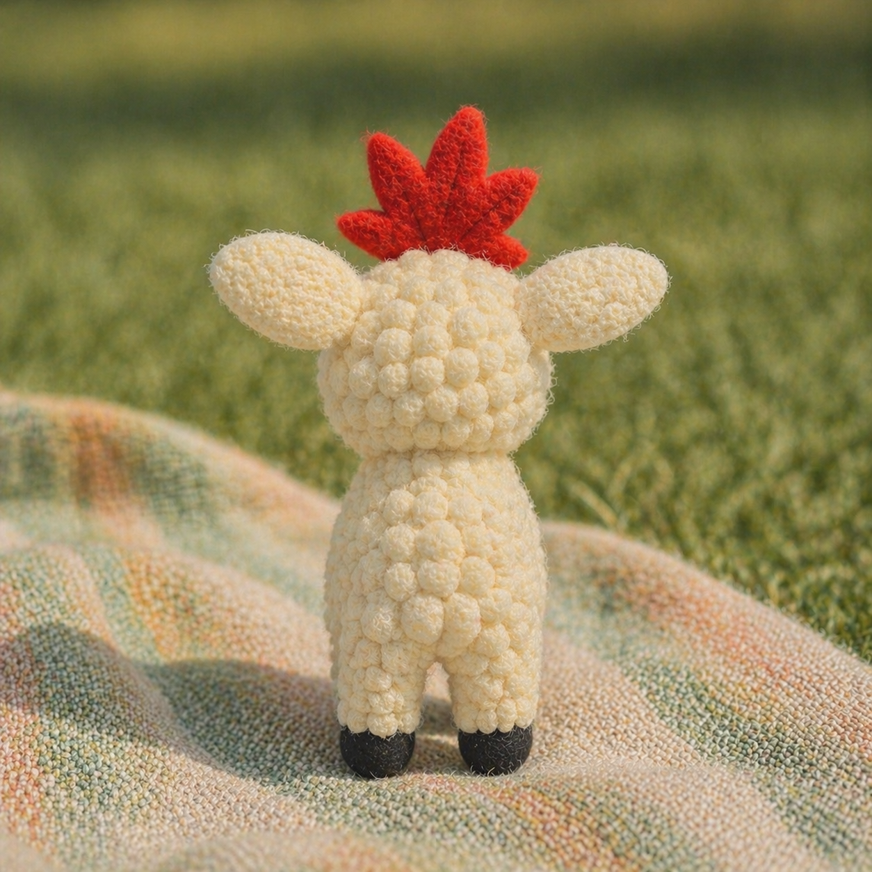 Handmade Wool Felt Lamb Figurine with Maple Leaf – Cute Little Sheep Decor
