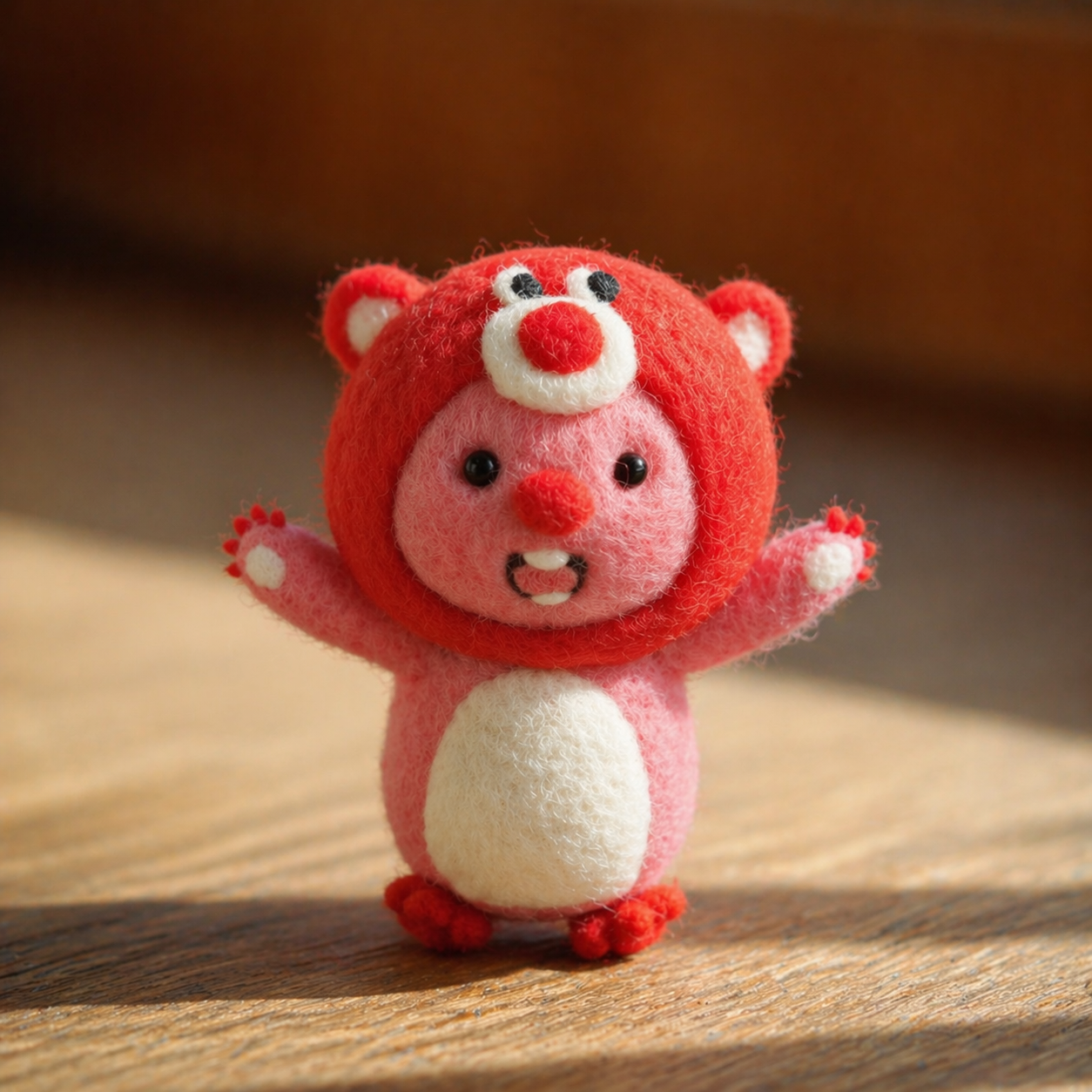 Handmade Wool Felt Loopy King Figurine – Cute Pink Beaver with Bear Hat Decor