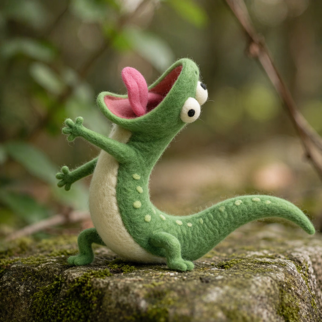 Handmade Wool Felt Playful Lizard Figurine – Cute Green Reptile Decor