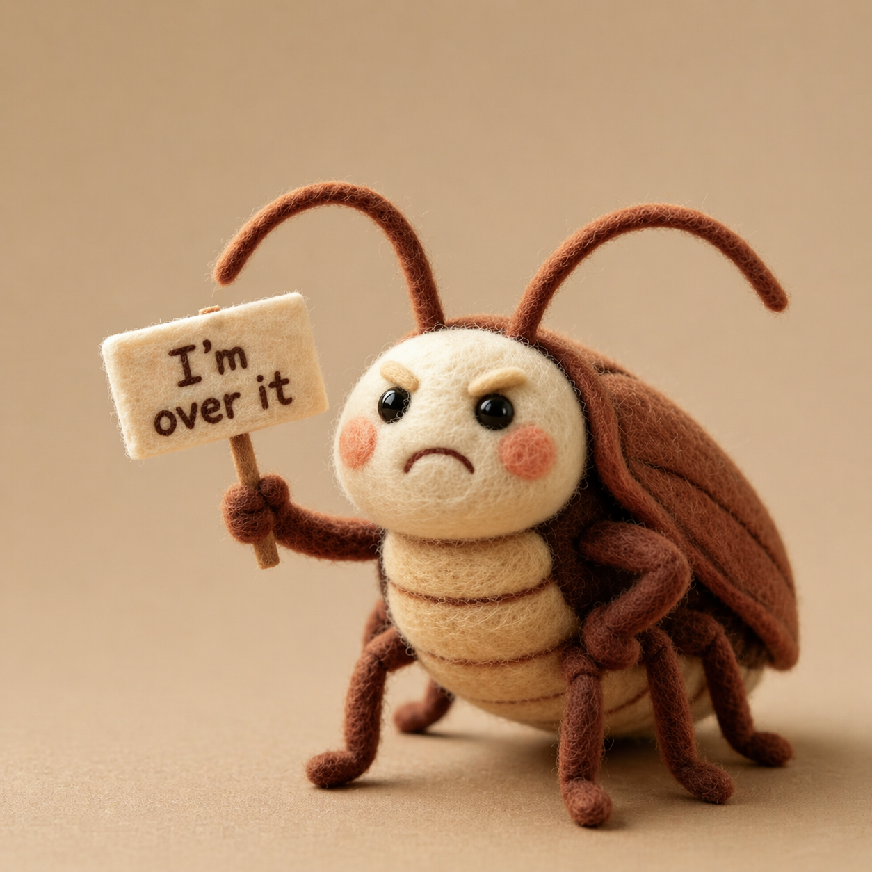Handmade Wool Felt “I’m Over It” Cockroach Figurine – Sassy Meme-Inspired Decor