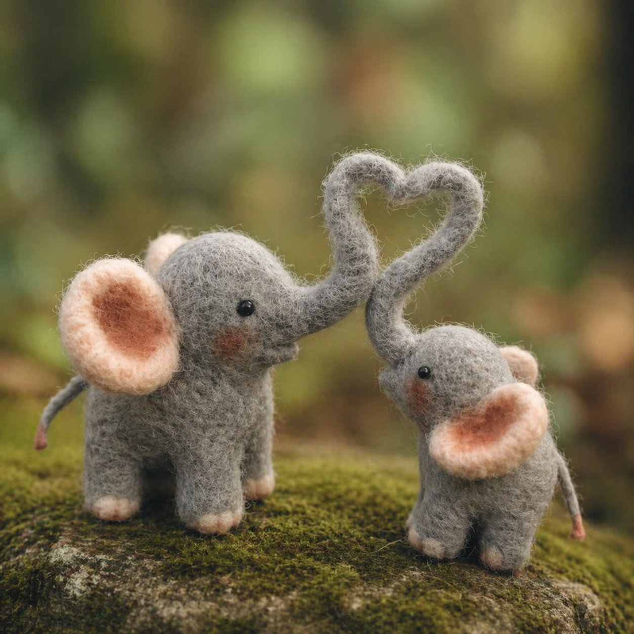 Handmade Wool Felt Elephant Couple Figurine – Heart Trunk Decor