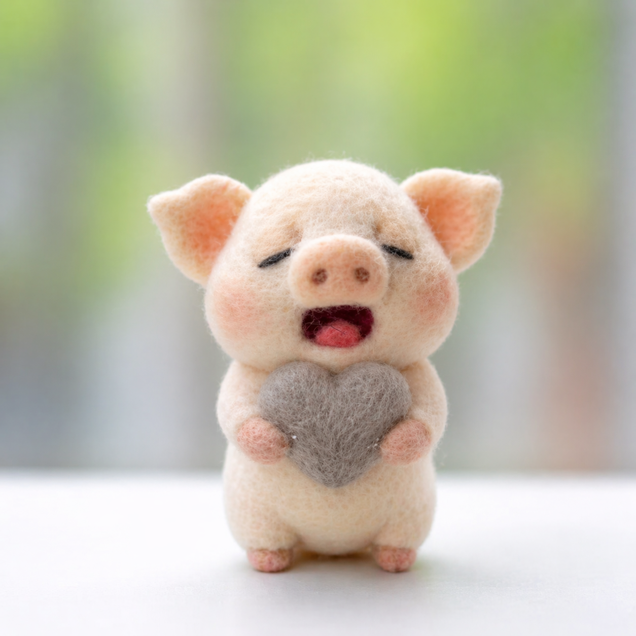 Handmade Wool Felt Pig with Heart Figurine – Cute Love-themed Decor
