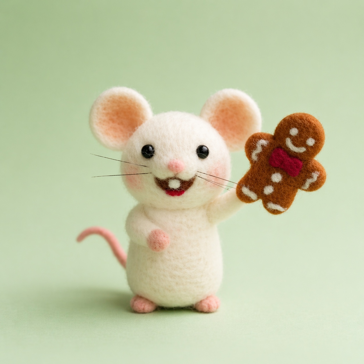 Handmade Wool Felt Mouse with Gingerbread Man Figurine – Cute Christmas Decor