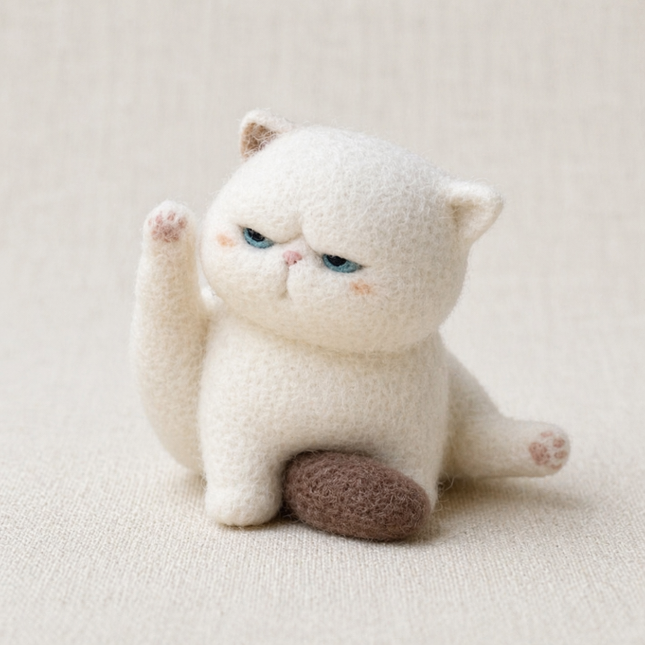 Handmade Wool Felt Grumpy White Cat Figurine – Sassy Exotic Shorthair Decor