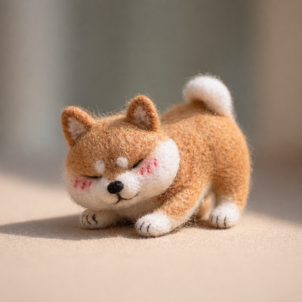Handmade Wool Felt Playful Shiba Inu Figurine – Cute Crouching Puppy Decor