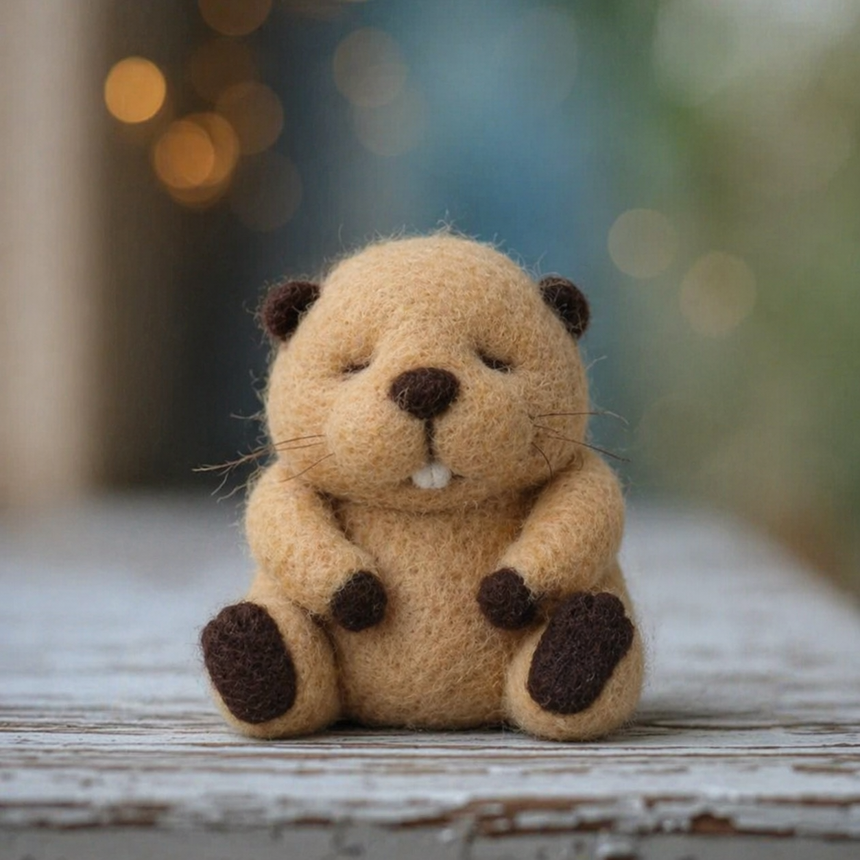 Handmade Wool Felt Groundhog Figurine – Cute Sleepy Beaver Decor