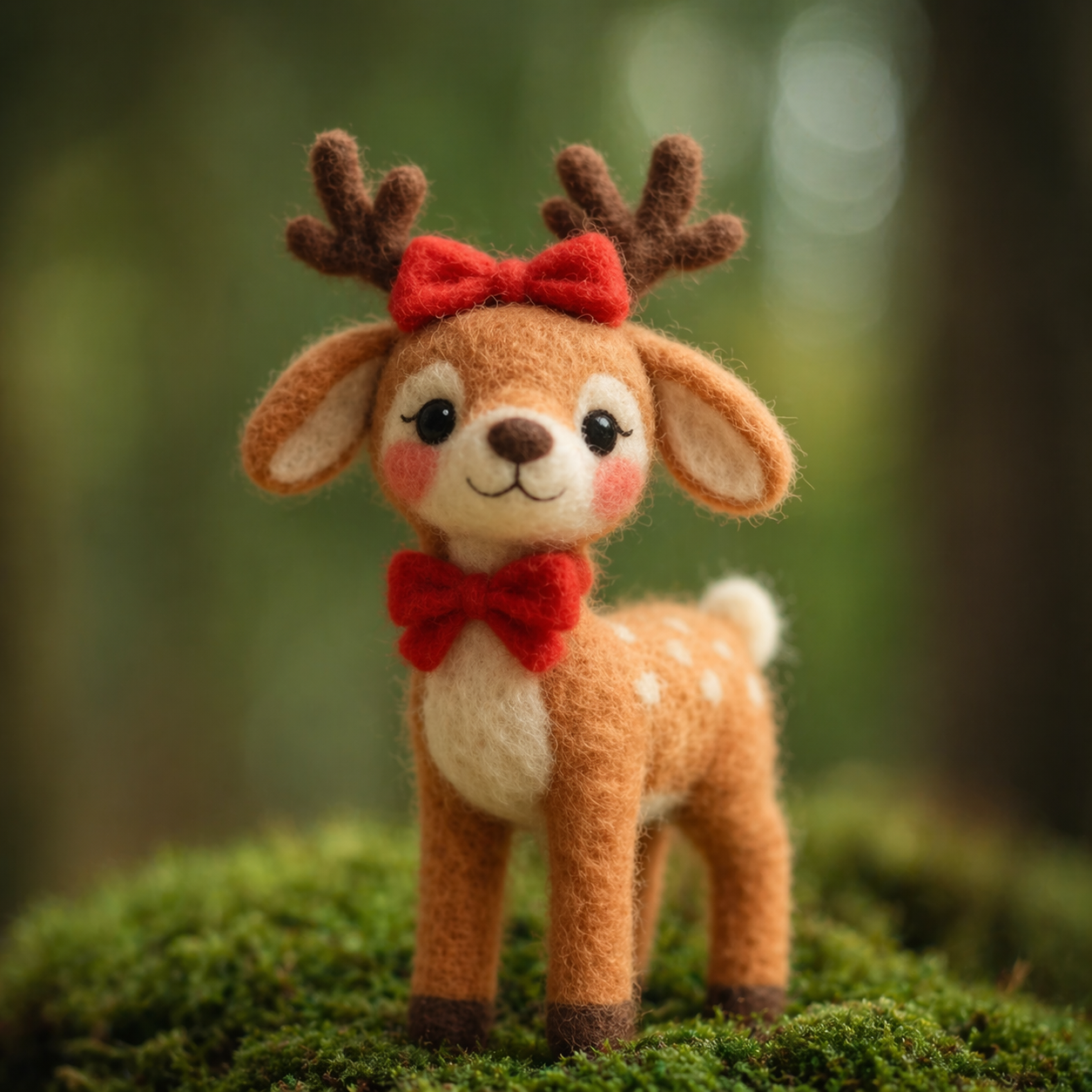 Handmade Felt Reindeer Figurine with Red Bow – Whimsical Holiday Decor