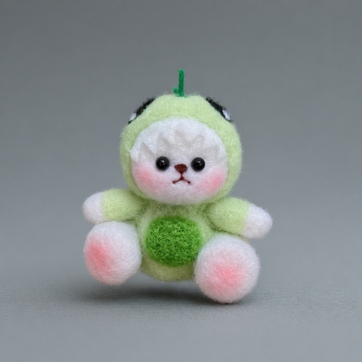 Handmade Wool Felt Bear in Green Frog Costume Figurine – Cute Kawaii Decor