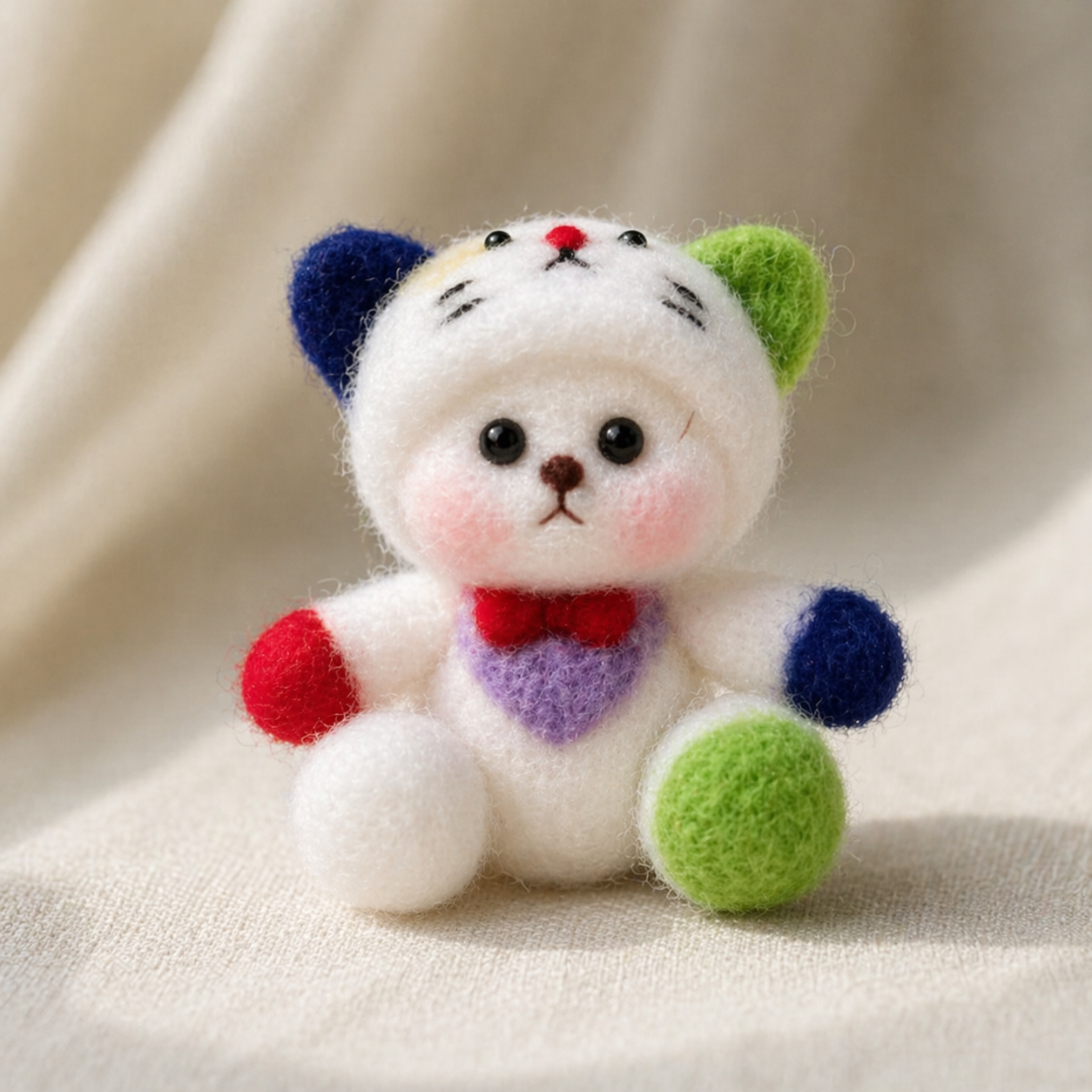 Handmade Wool Felt Bear in Colorful Cat Hat Figurine – Cute Kawaii Decor