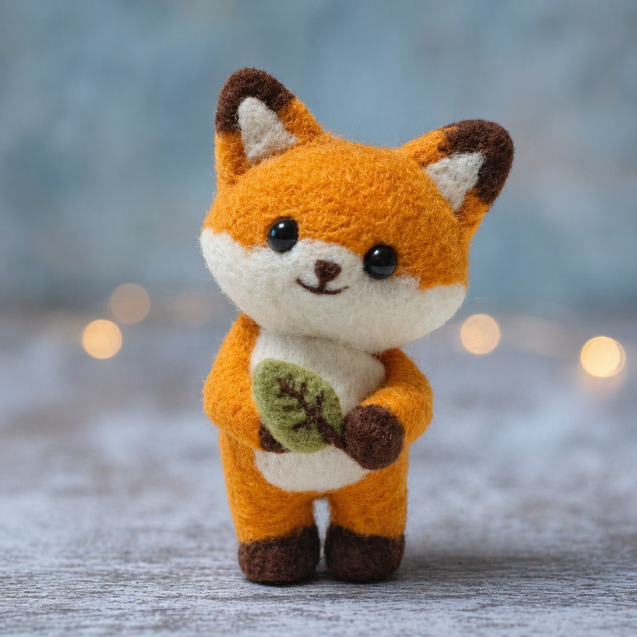 Handmade Wool Felt Fox with Leaf Figurine – Cute Forest Animal Decor