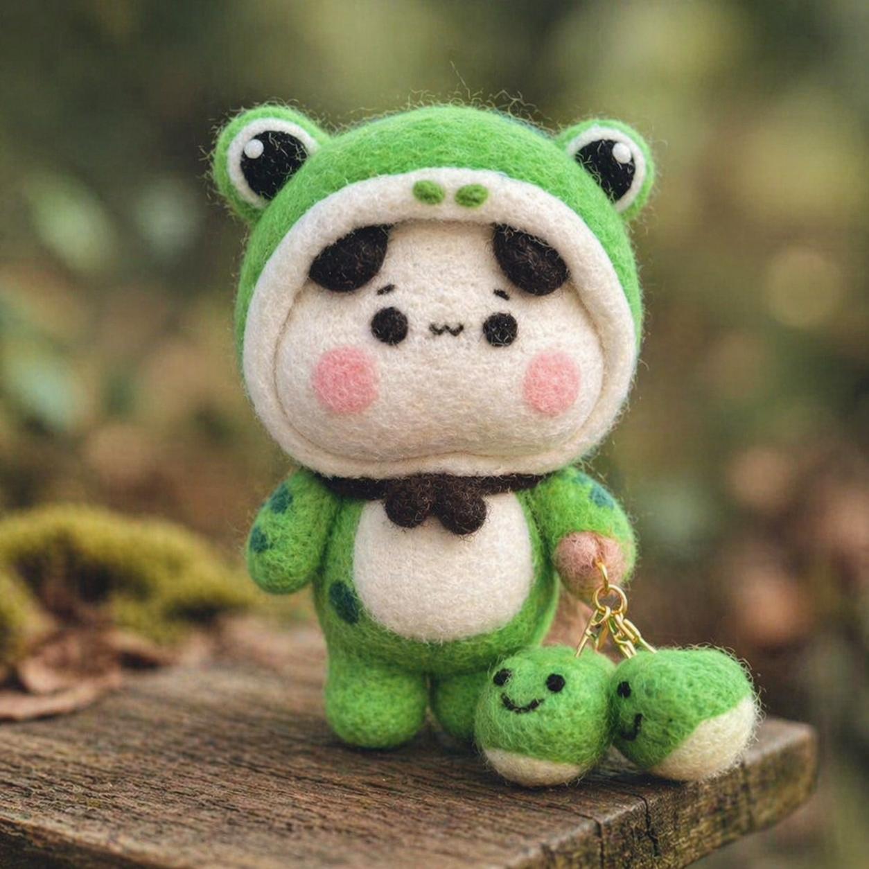 Handmade Wool Felt Panda in Frog Costume Figurine – Cute Frog Suit Decor