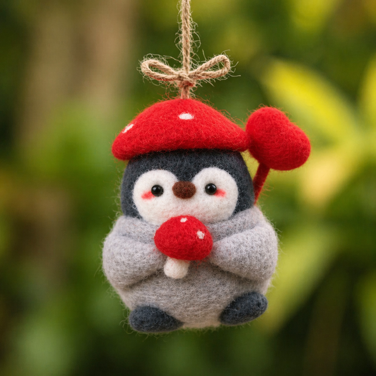 Handmade Wool Felt Mushroom Penguin Ornament – Cute Forest Animal Hanging Decor