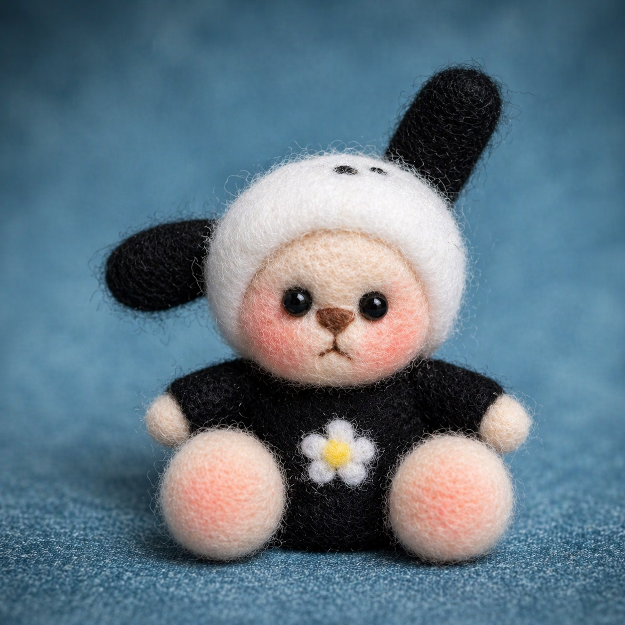 Handmade Wool Felt Bear in Pochacco Costume Figurine – Cute Kawaii Animal Decor