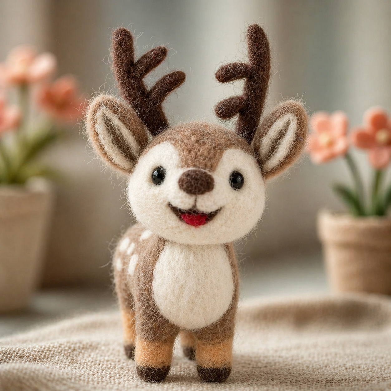 Handmade Wool Felt Smiling Fawn Figurine – Cute Spotted Deer Decor