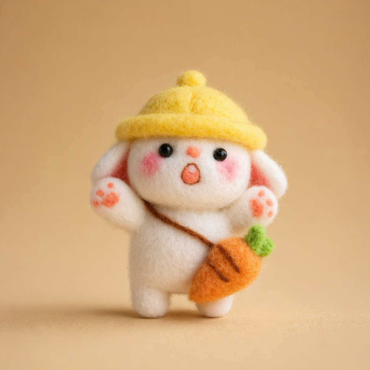 Handmade Wool Felt Bunny with Carrot Bag Figurine – Cute Kawaii Rabbit Decor