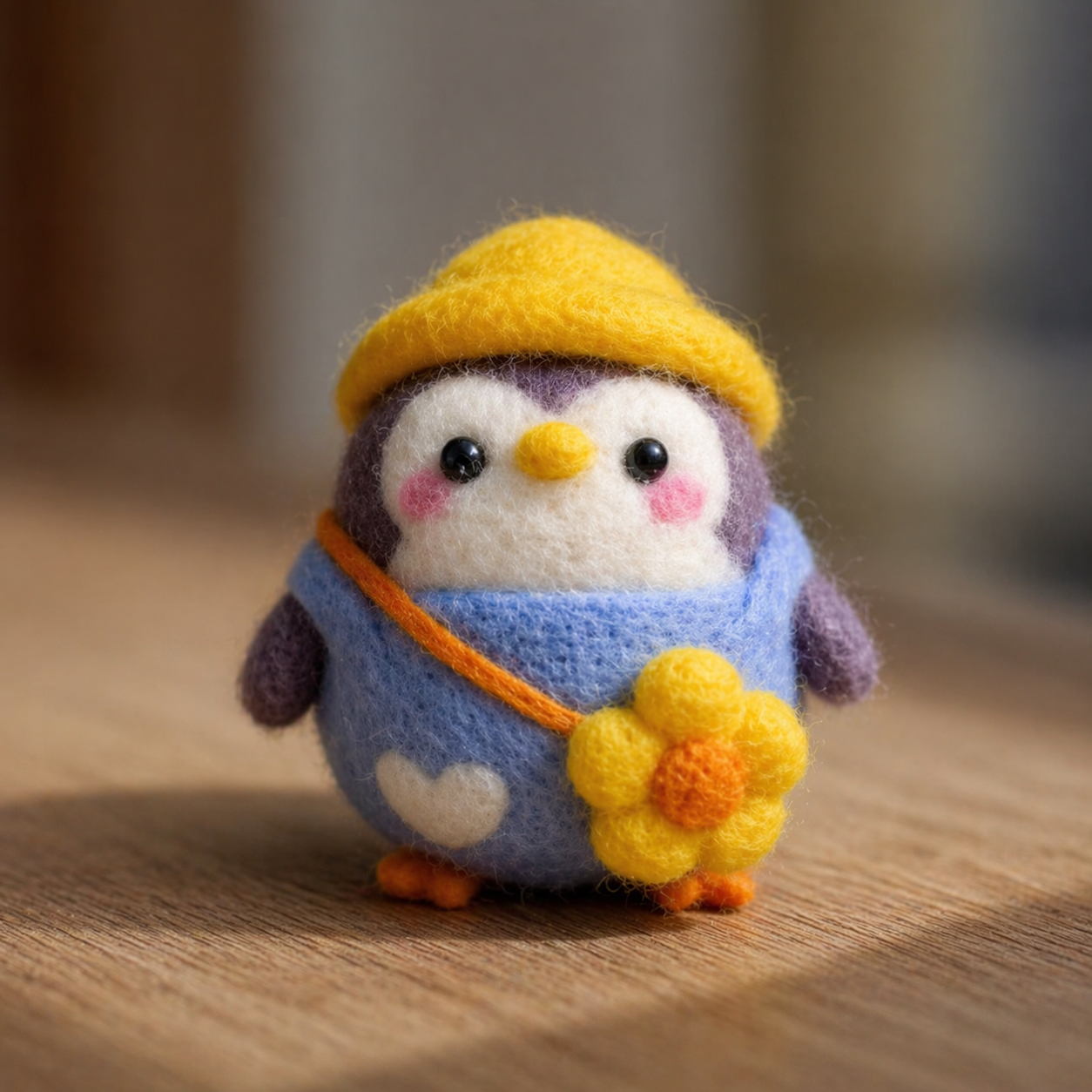 Handmade Wool Felt Little Penguin with Yellow Hat Figurine – Cute Kawaii Decor