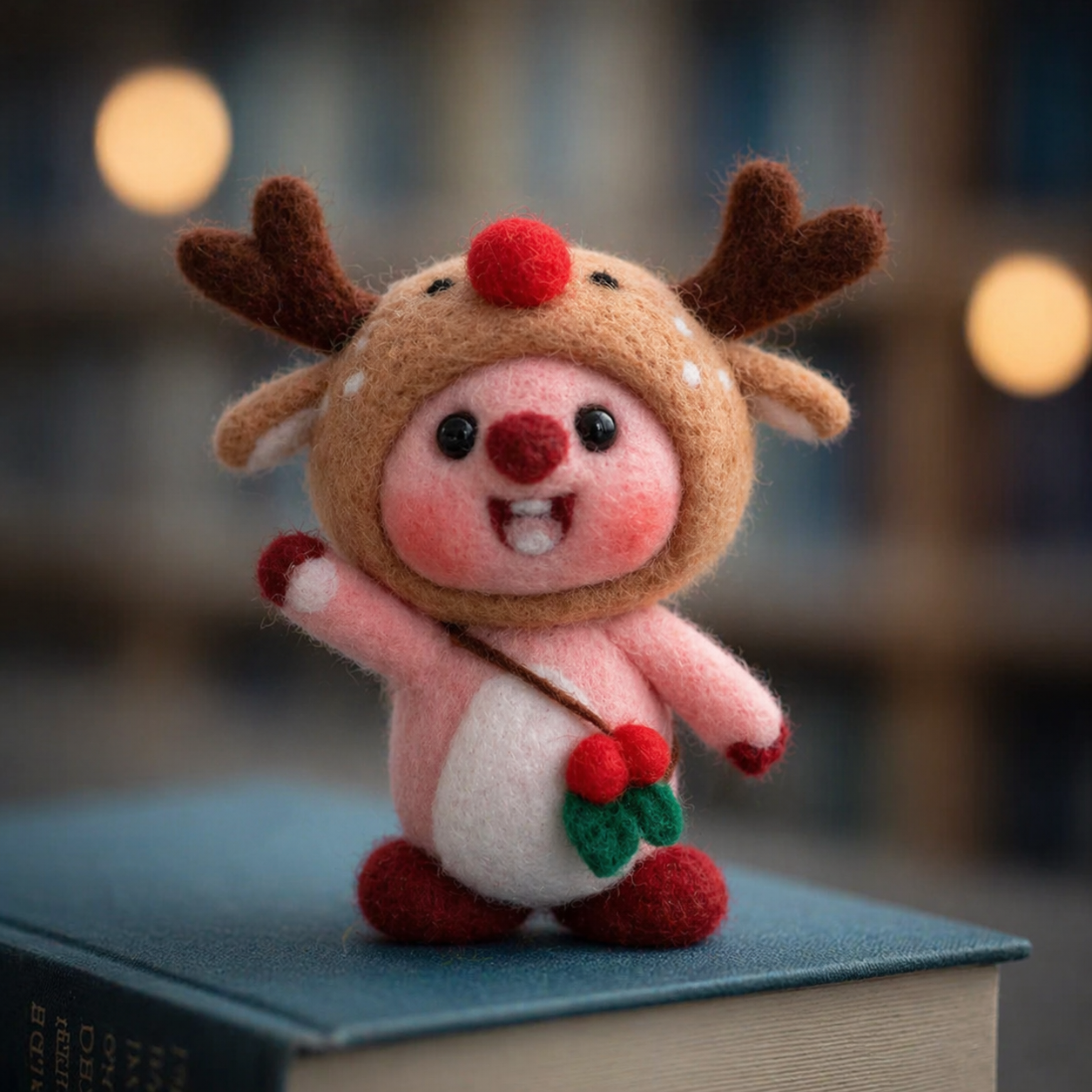 Handmade Wool Felt Character in Reindeer Hood Figurine – Cute Christmas Decor