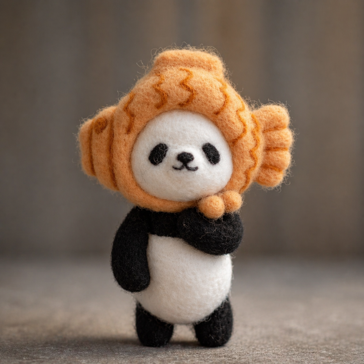 Handmade Wool Felt Panda with Taiyaki Hat Figurine – Cute Kawaii Animal Decor