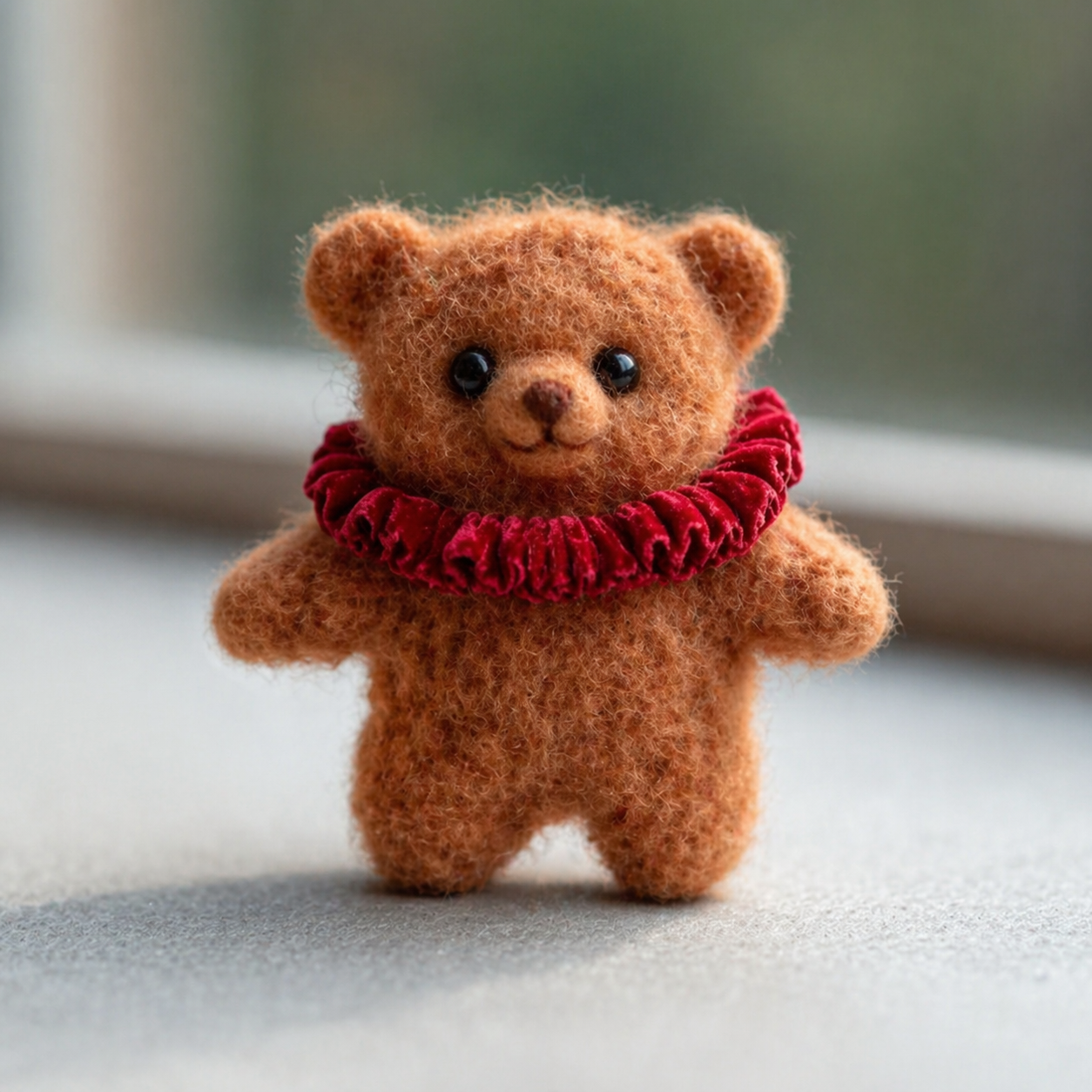 Handmade Wool Felt Teddy Bear with Red Velvet Ruffle Figurine – Cute Vintage Style Decor