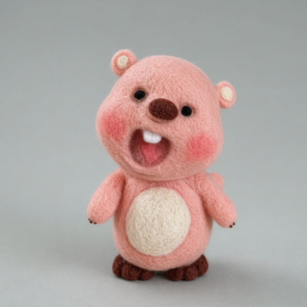 Handmade Wool Felt Pink Beaver Figurine – Cute Kawaii Loopy Inspired Decor
