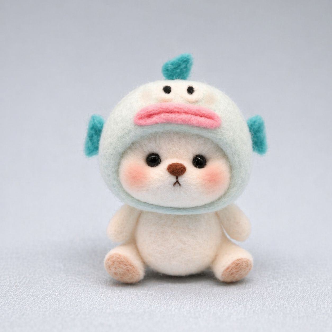Handmade Wool Felt White Bear in Hangyodon Hood Figurine – Cute Kawaii Sanrio-Inspired Decor