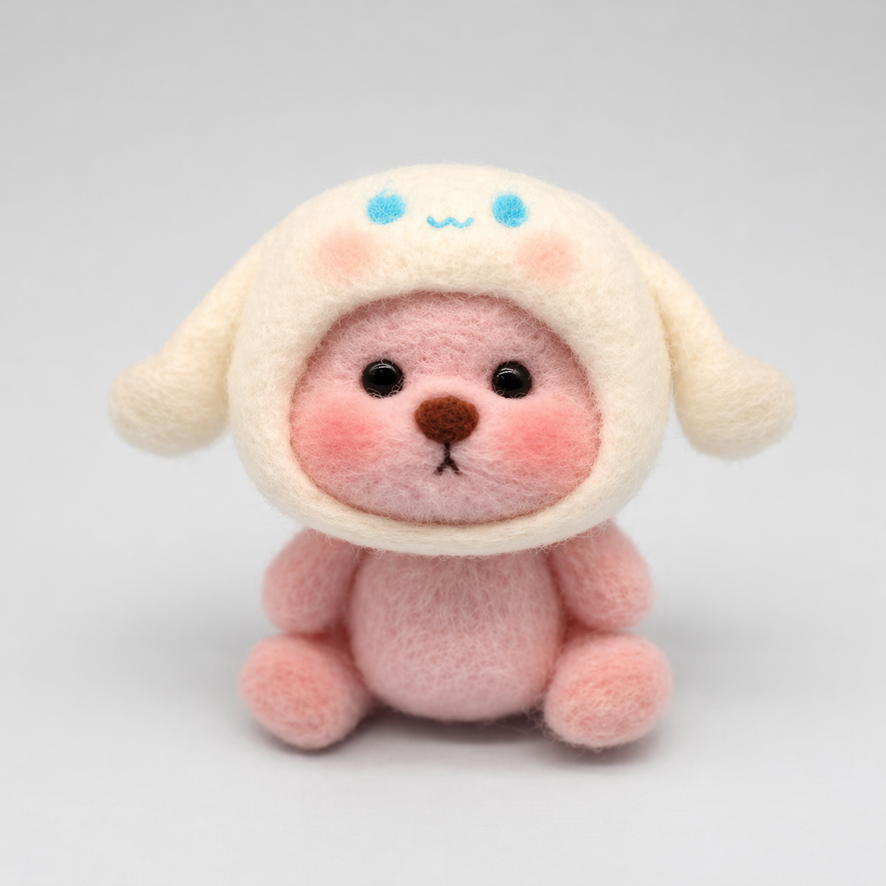 Handmade Wool Felt Pink Bear in Cinnamoroll Hood Figurine – Cute Kawaii Sanrio-Inspired Decor