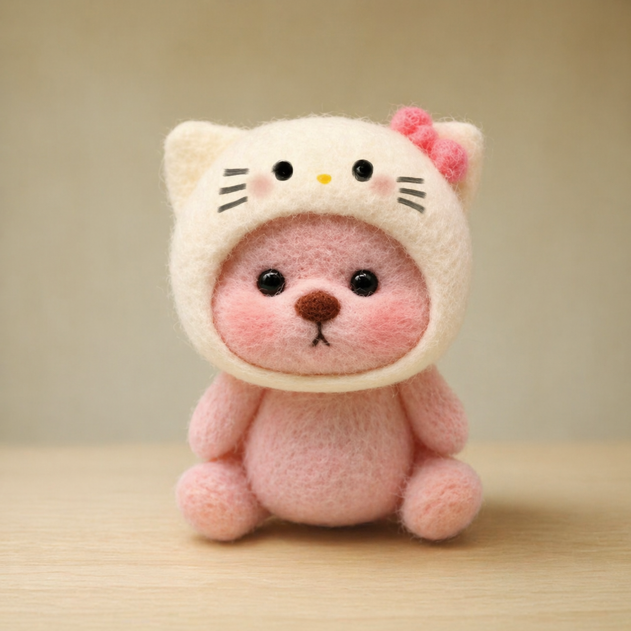 Handmade Wool Felt Pink Bear in Hello Kitty Hood Figurine – Cute Kawaii Decor
