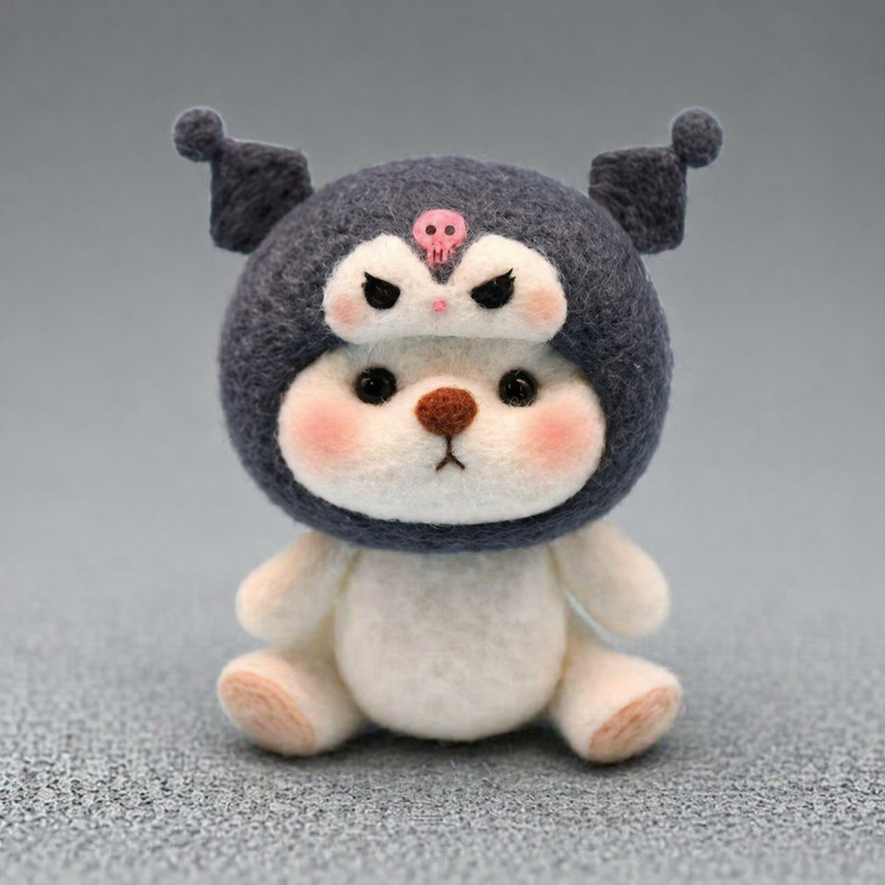 Handmade Wool Felt White Bear in Kuromi Hood Figurine – Cute Kawaii Sanrio-Inspired Decor