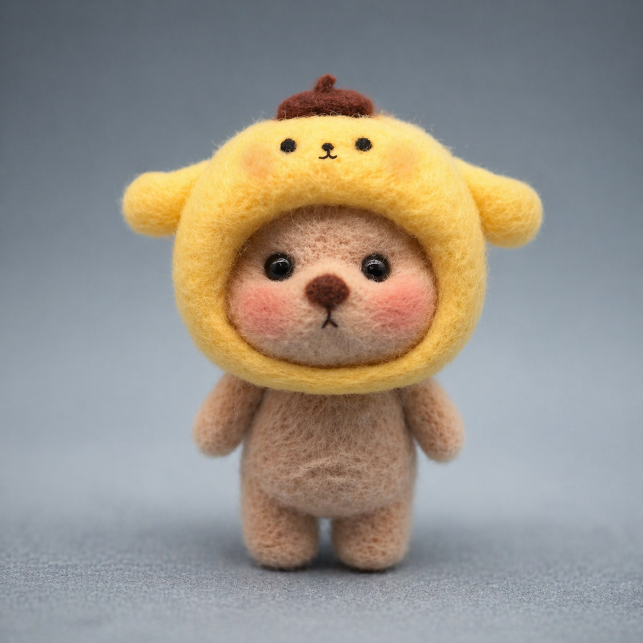 Handmade Wool Felt Brown Bear in Pompompurin Hood Figurine – Cute Kawaii Sanrio-Inspired Decor