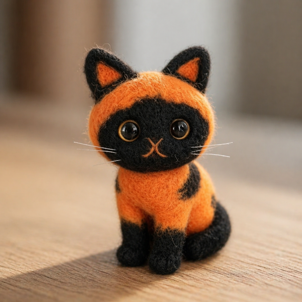 Handmade Wool Felt Halloween Black & Orange Cat Figurine – Cute Spooky Decor