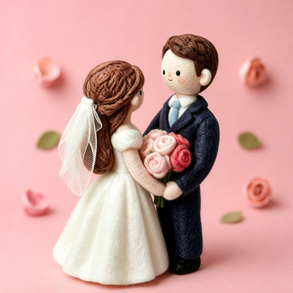 Handmade Wool Felt Wedding Couple Figurine – Romantic Cake Topper Decor