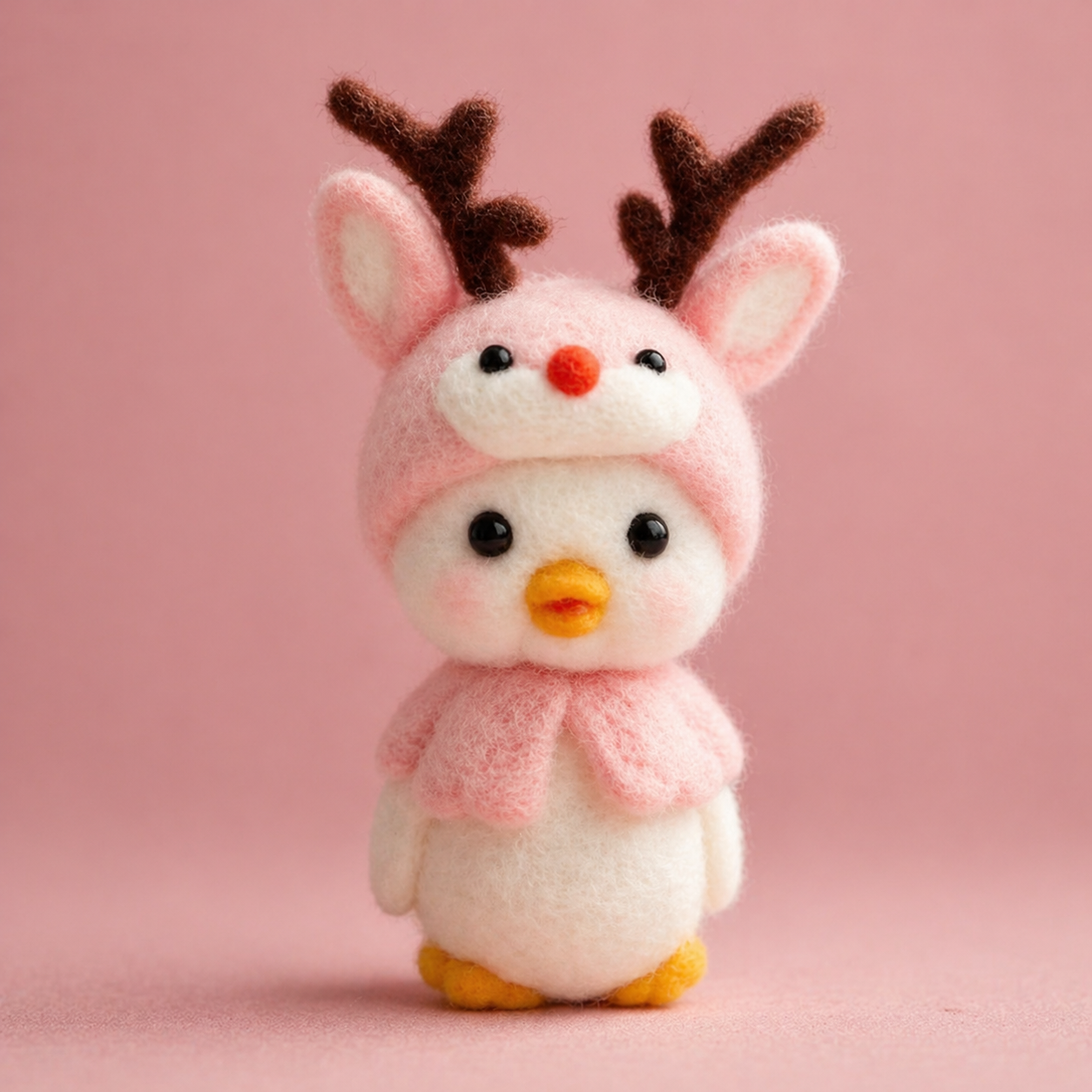 Handmade Wool Felt Duck in Reindeer Hood Figurine – Cute Festive Decor