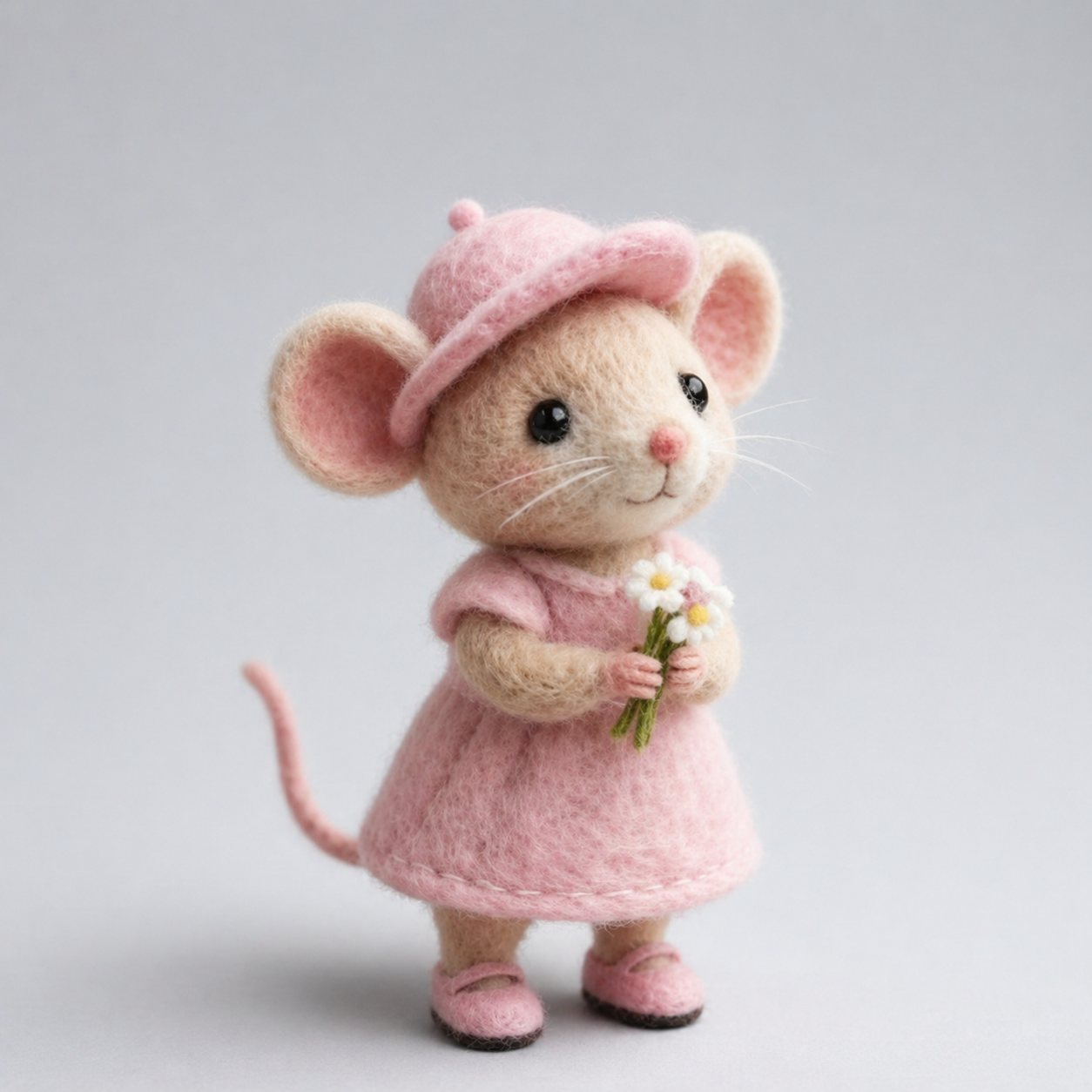 Handmade Wool Felt Pink Dress Mouse with Daisies Figurine – Cute Spring Decor