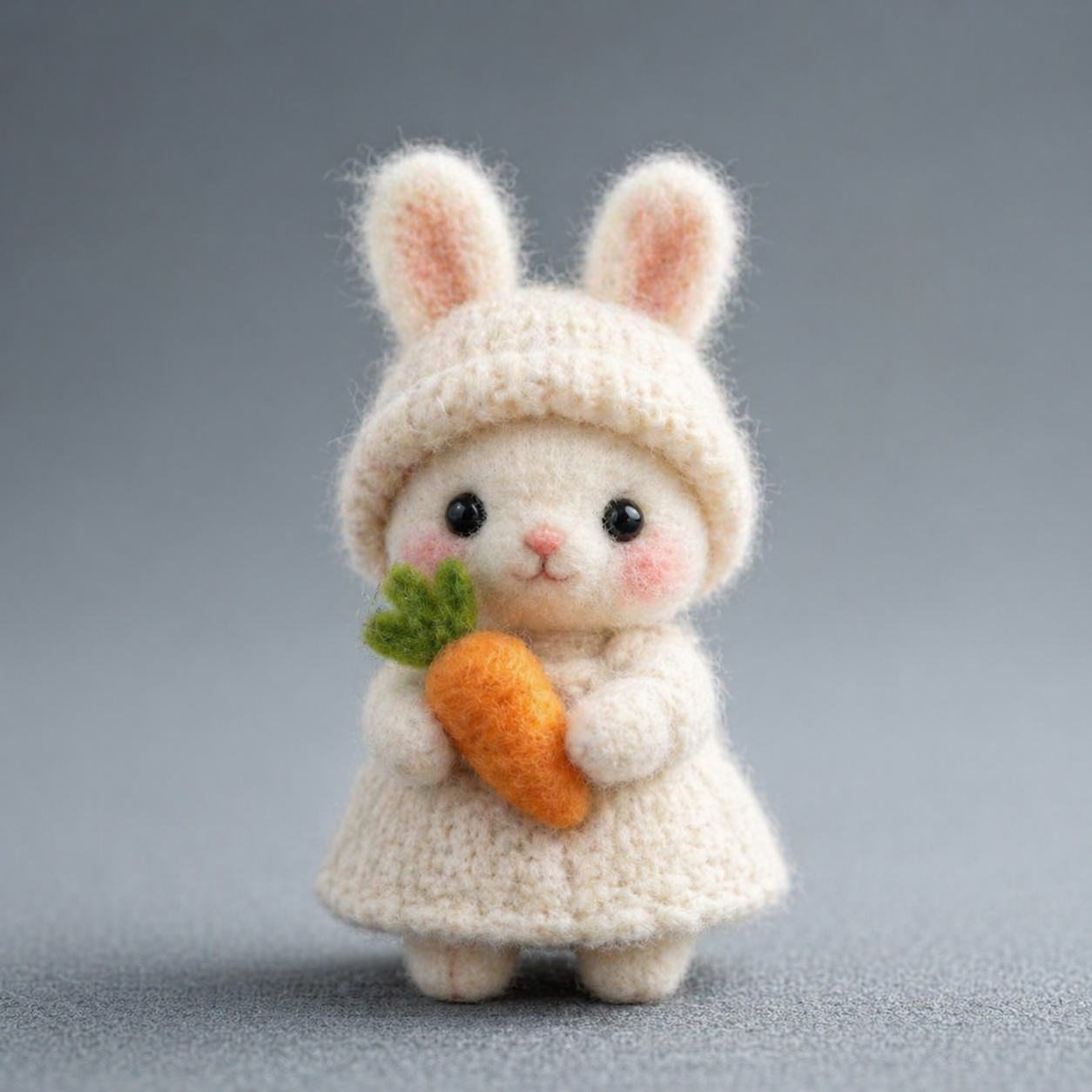 Handmade Wool Felt Bunny in Knit Outfit with Carrot Figurine – Cute Spring Decor