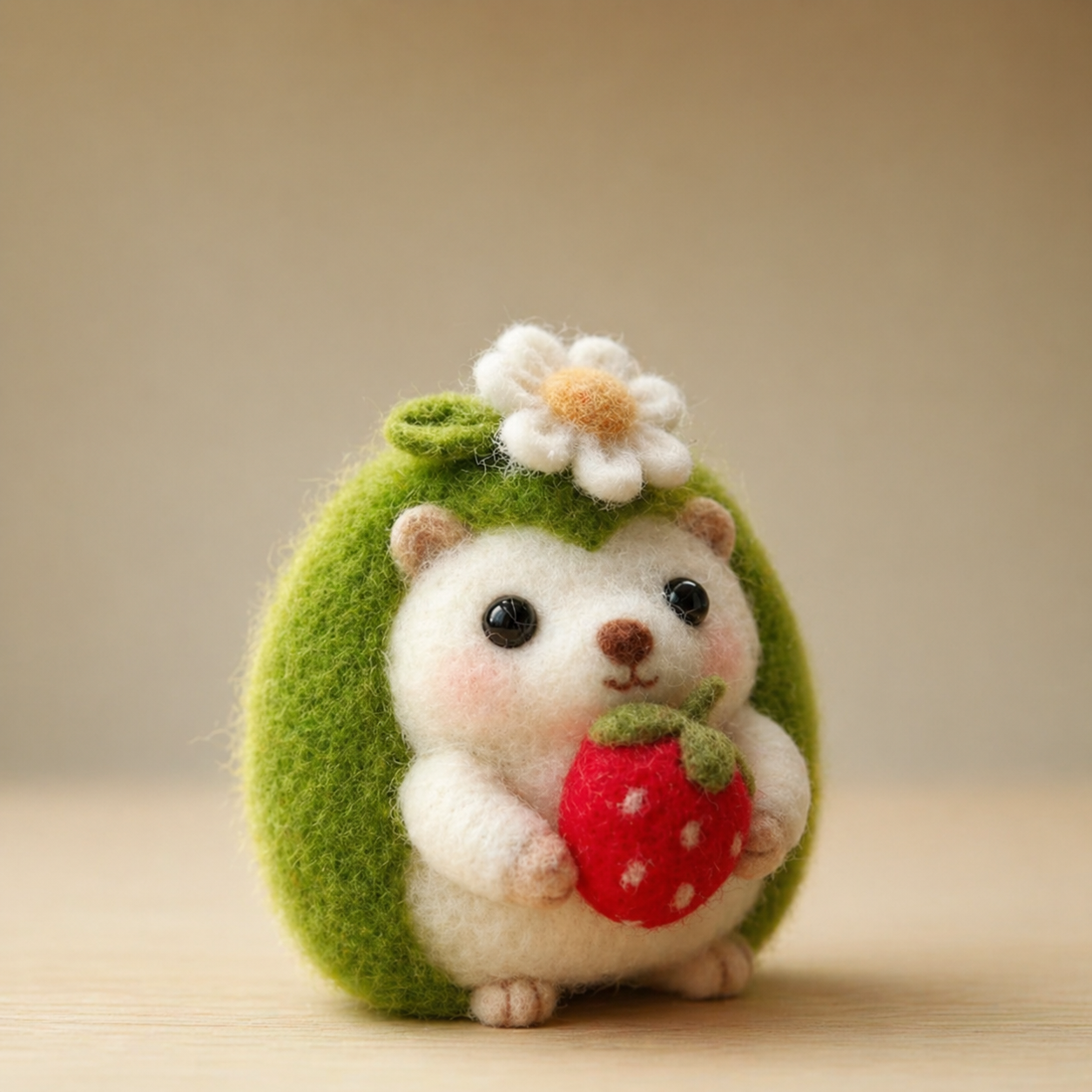 Handmade Wool Felt Hedgehog with Strawberry & Flower Figurine – Cute Forest Decor