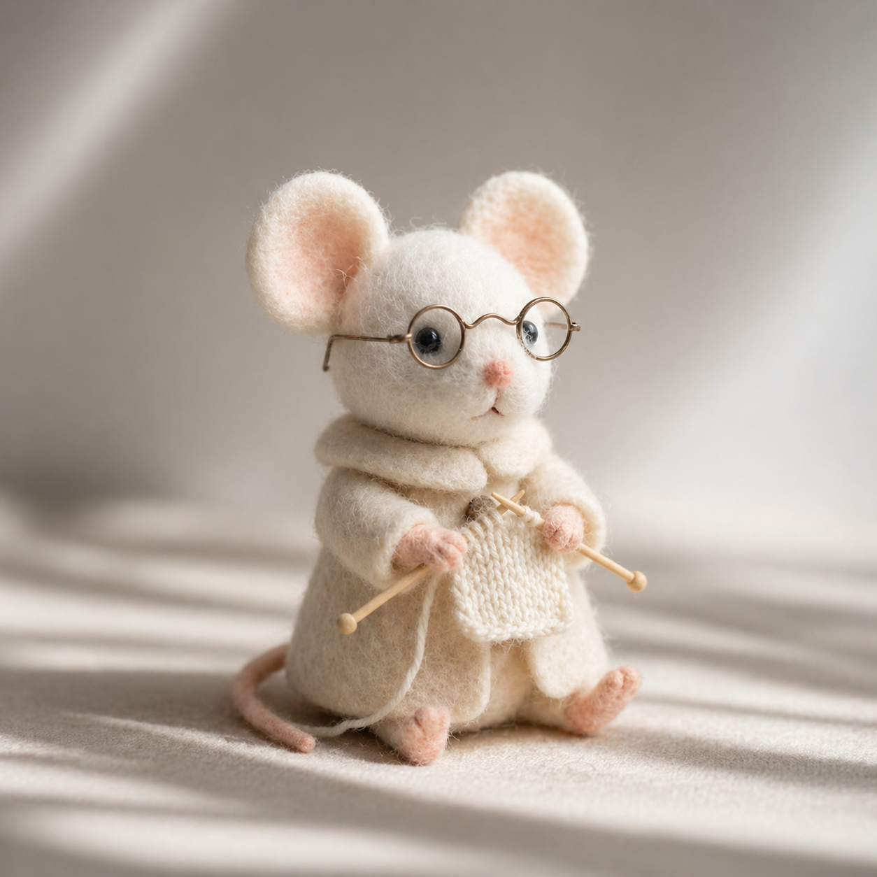 Handmade Wool Felt Knitting Mouse with Glasses Figurine – Cute Craft Decor