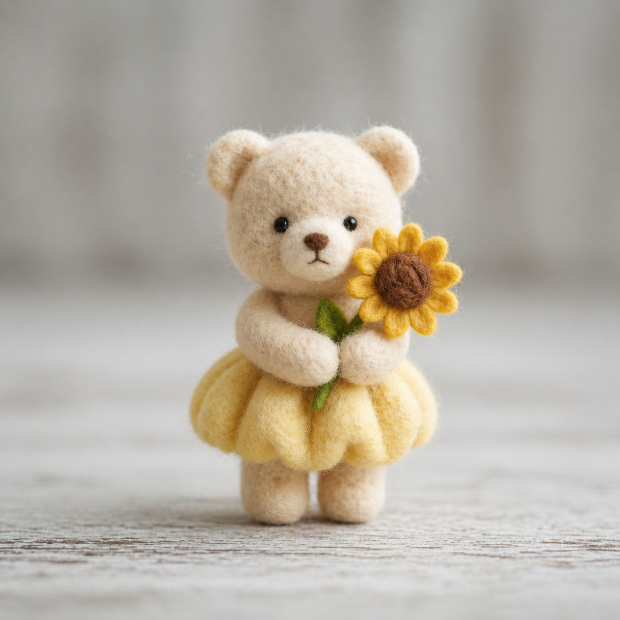 Handmade Wool Felt Bear with Sunflower & Yellow Skirt Figurine – Cute Spring Decor