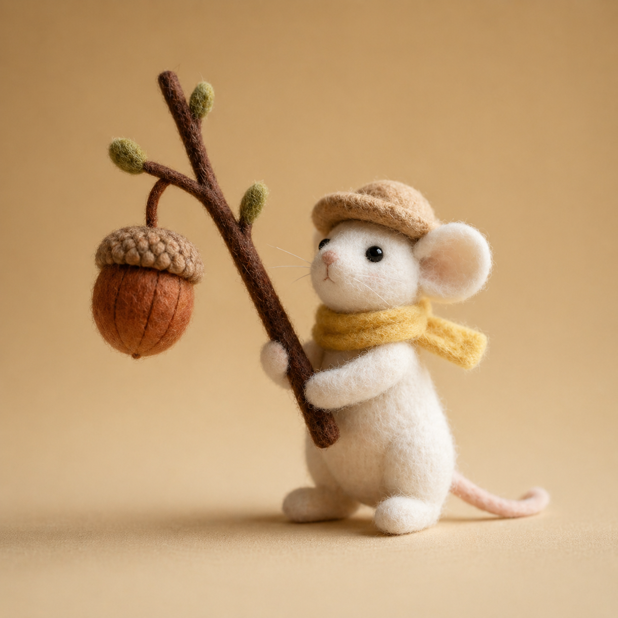 Handmade Wool Felt Autumn Mouse with Acorn Branch Figurine – Cute Forest Decor