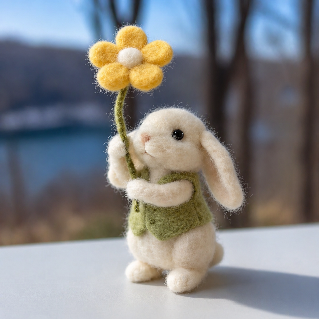 Handmade Wool Felt Lop-Eared Rabbit with Yellow Flower Figurine – Cute Spring Decor