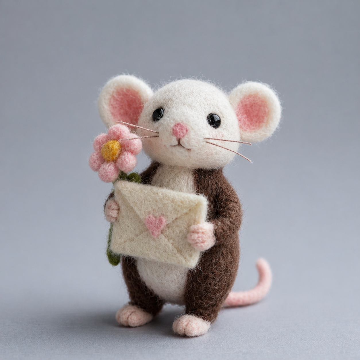 Handmade Wool Felt Love Letter Mouse with Flower Figurine – Cute Gift Decor