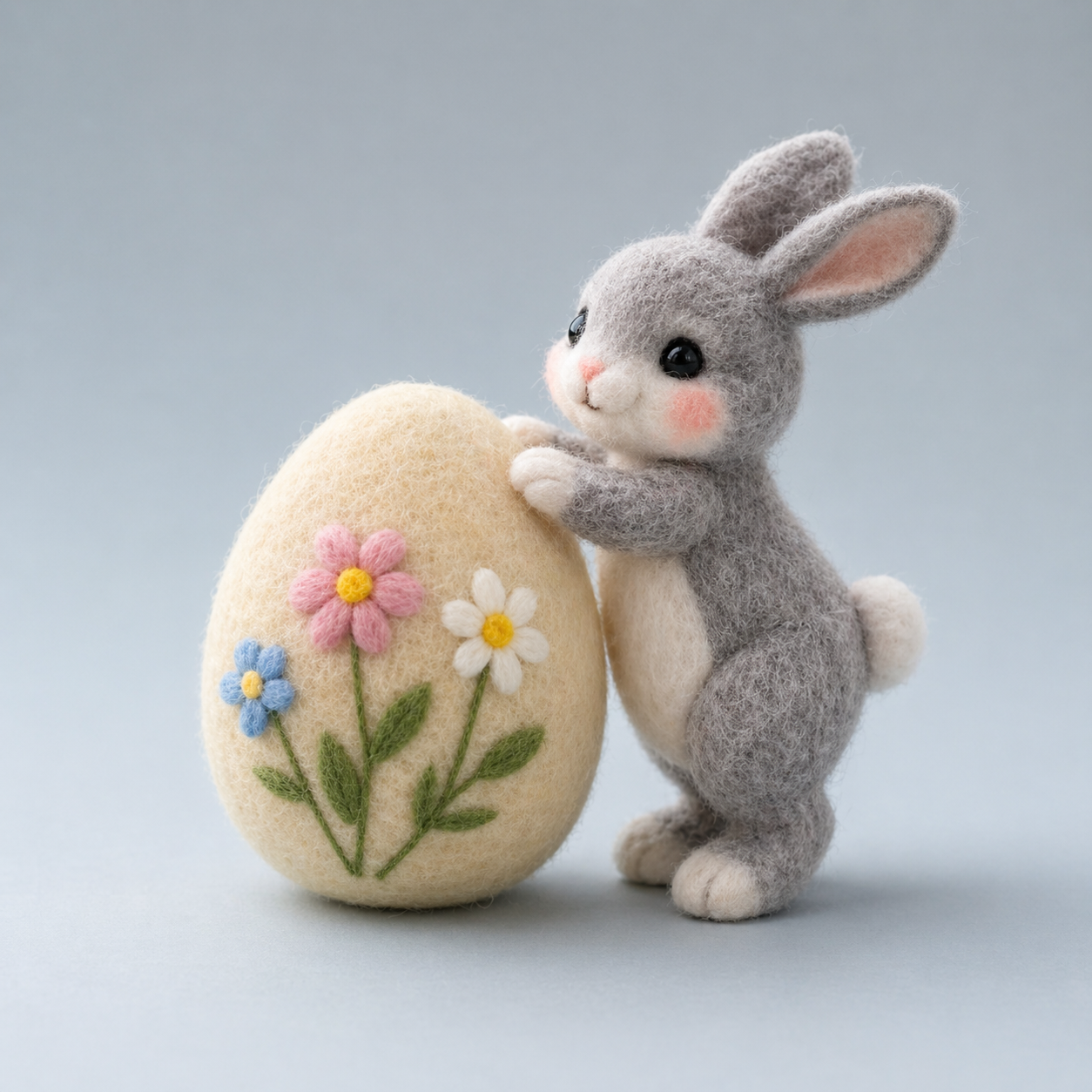 Handmade Wool Felt Easter Bunny with Floral Egg Figurine – Cute Spring Decor