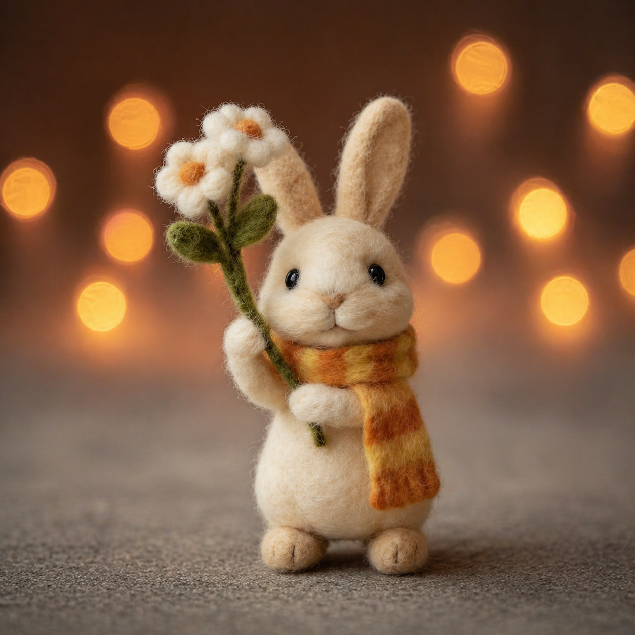 Handmade Wool Felt Bunny with Scarf & Daisies Figurine – Cute Autumn Decor