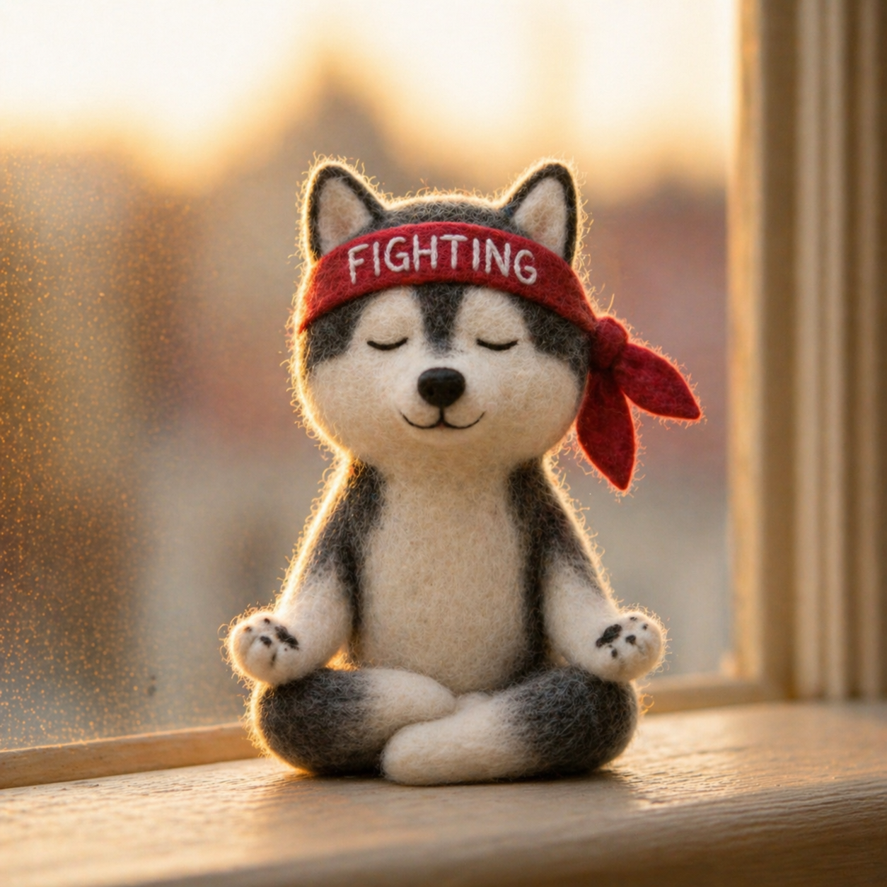 Handmade Wool Felt Meditating Husky Figurine – "Fighting" Motivational Decor