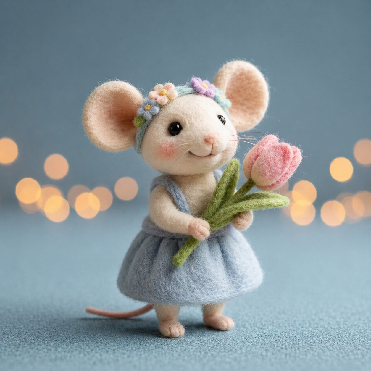 Handmade Wool Felt Flower Girl Mouse Figurine – Cute Spring Decor