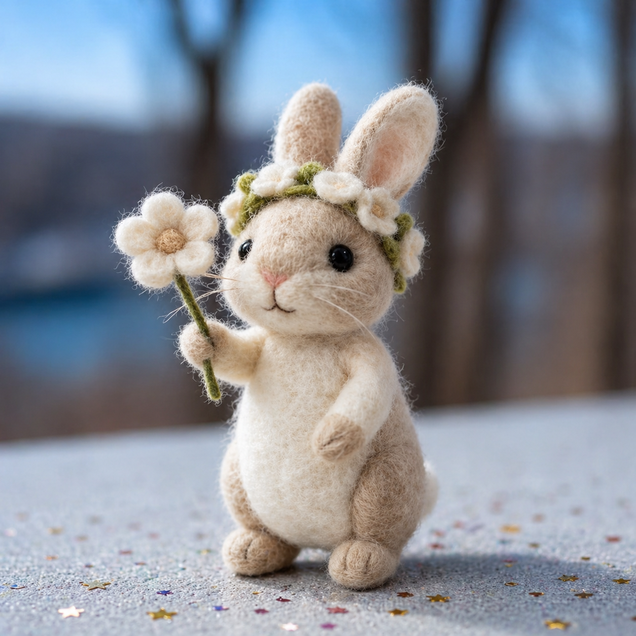 Handmade Wool Felt Bunny with Flower Crown & Daisy Figurine – Cute Spring Decor
