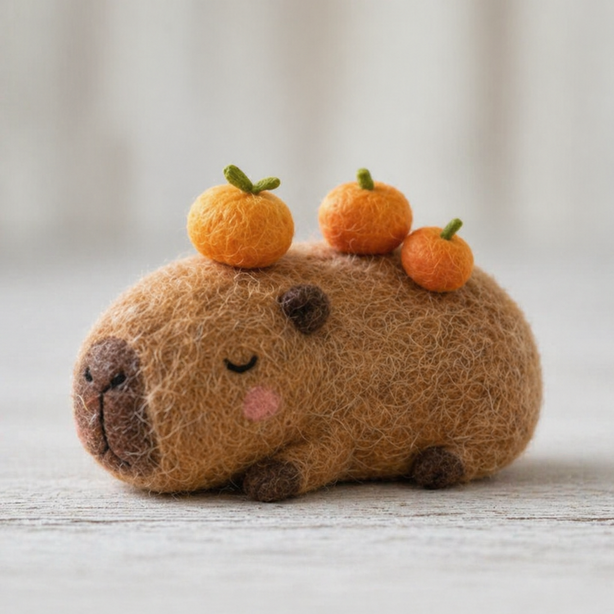 Handmade Wool Felt Sleeping Capybara with Oranges Figurine – Cute Whimsical Decor