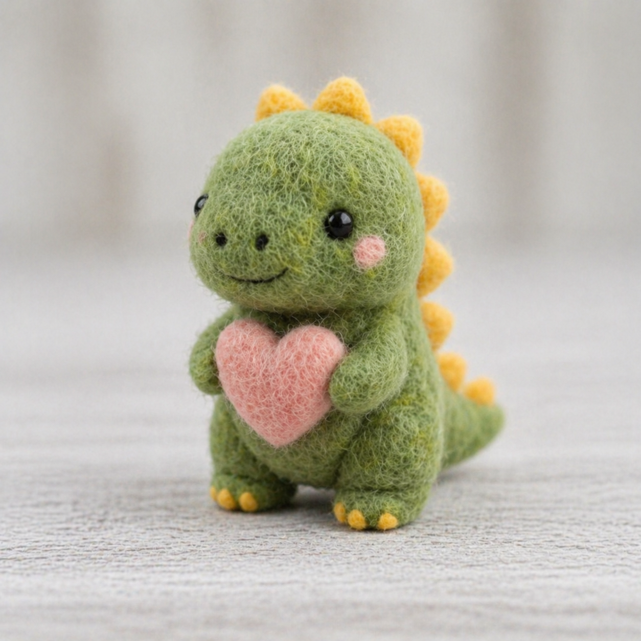 Handmade Wool Felt Green Dinosaur with Pink Heart Figurine – Cute Love Decor