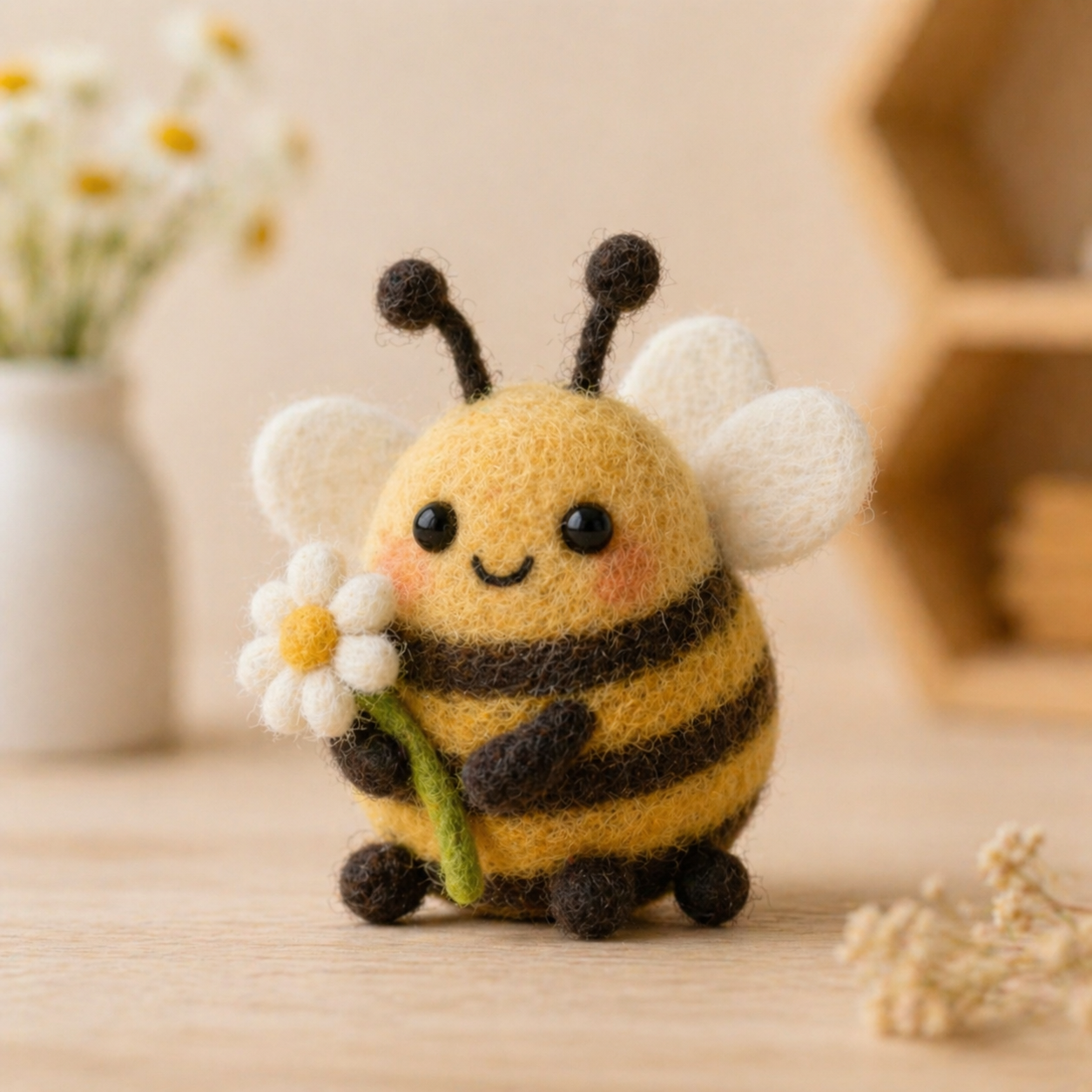 Handmade Wool Felt Bee with Daisy Figurine – Cute Spring Decor