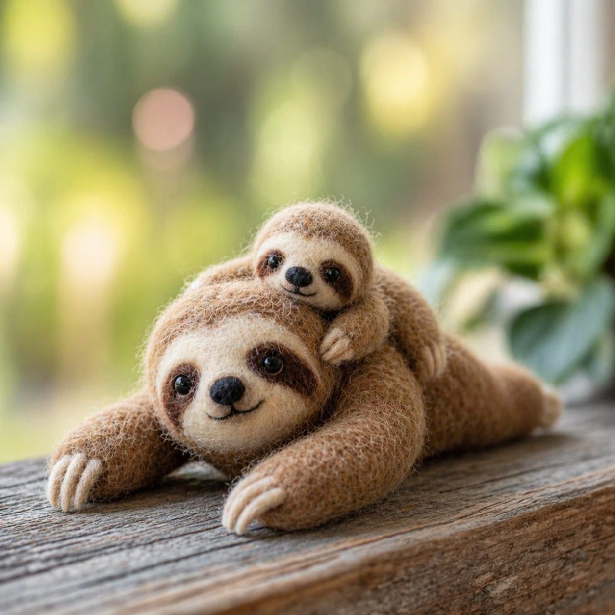 Handmade Wool Felt Mother and Baby Sloth Figurine – Cute Family Decor